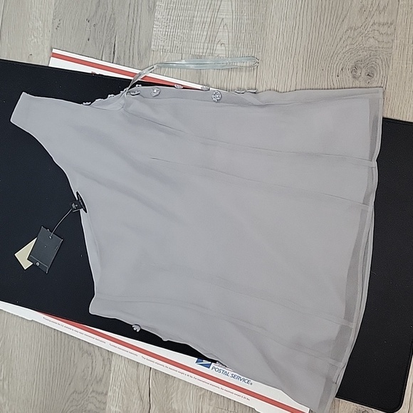 Ann Taylor gray one shoulder embellished rhinestone chiffon top - Picture 6 of 11